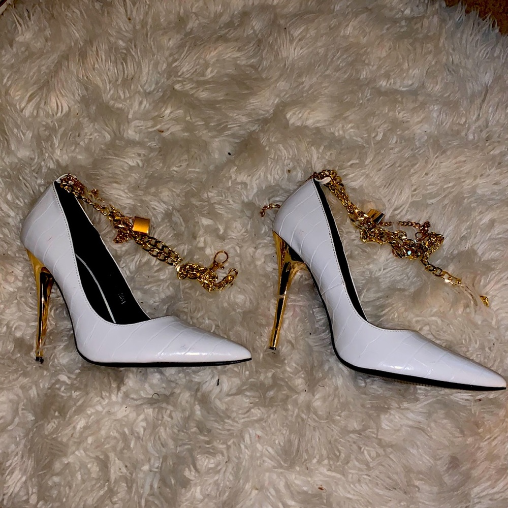 White crocodile pointed toe vegan leather stilettos
